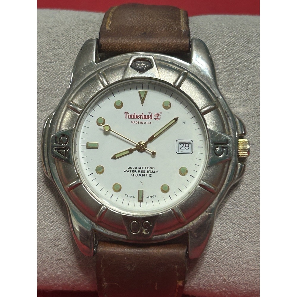 Timberland USA Quartz Watch Men 2000m Silver Rotating Bezel Leather READ